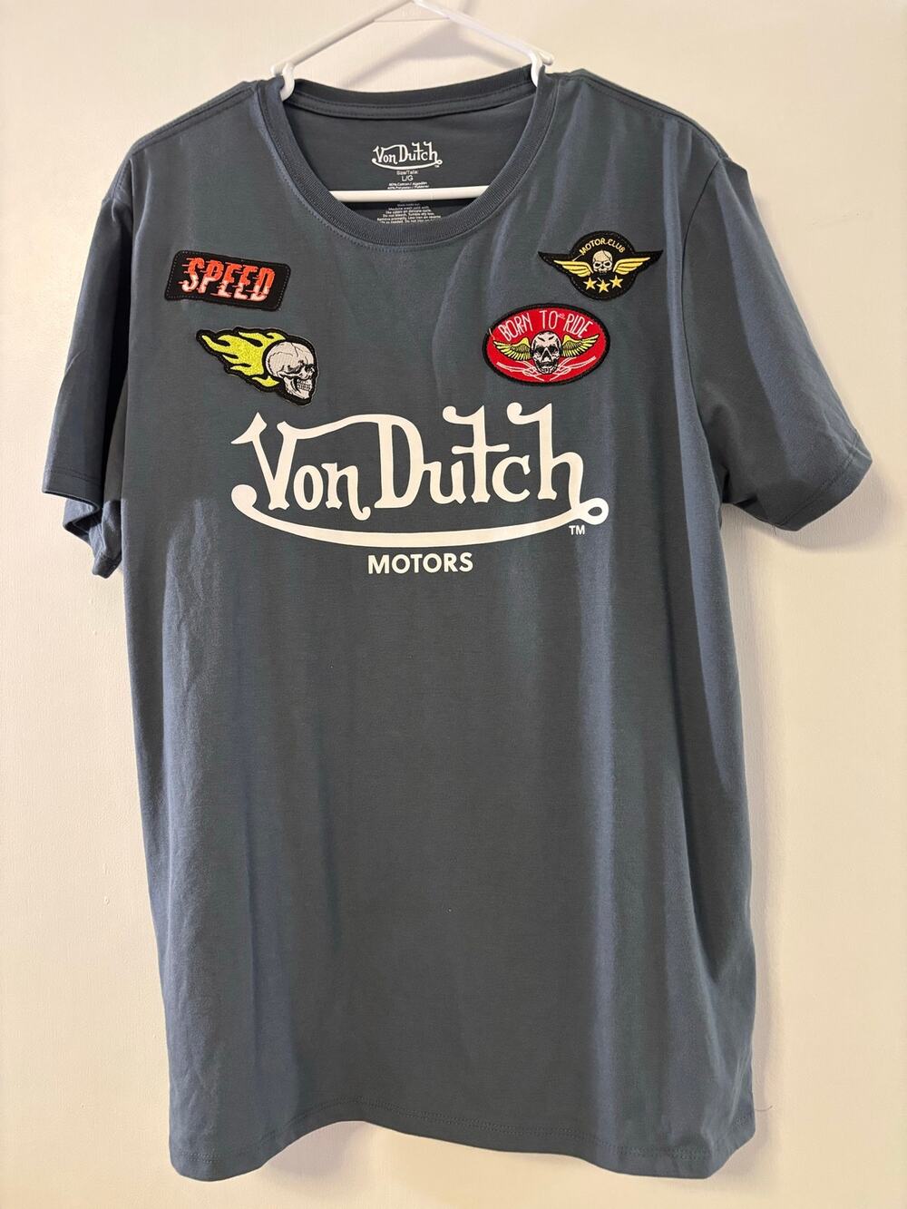 Von Dutch Motors T-Shirt Men's Large Gray Embroidered Patches Graphic Tee